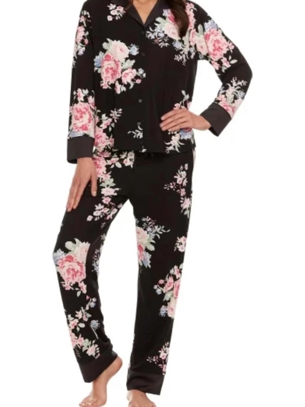 FN Women's 2 Piece Satin Trim Notch Collar Pajama Sleep Lounge Set Black XXL